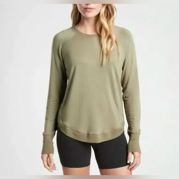 Athleta Mindset Tulip Edge Side Hem Soft Crew Neck Sweater in Olive Green Small - Picture 1 of 9